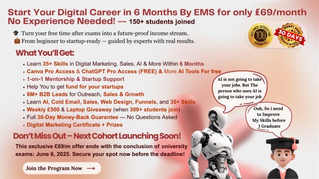 English Language Paper 1: How to Smash Question 5 (Creative Writing) 1 Banner for a 6-month digital career program at £69/month: free AI tools, mentorship, B2B leads, giveaways & 30-day guarantee; ends June 6, 2025; shows a robot and graduate.