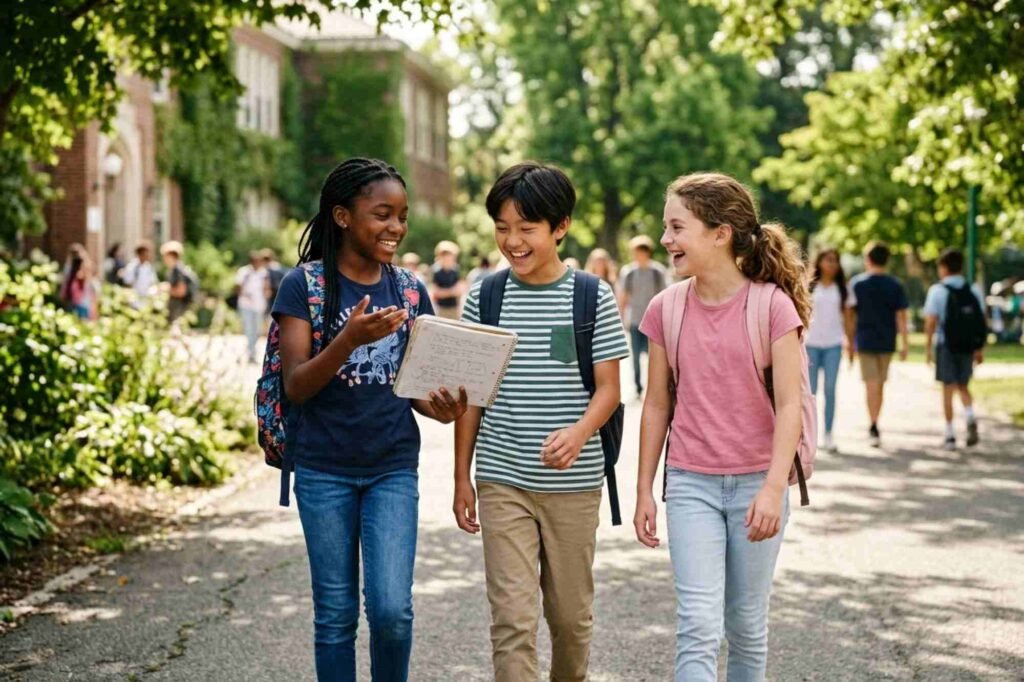Advertise With Us 3 Grade 8 9 students discussing English Literature revision outside school 4 11zon
